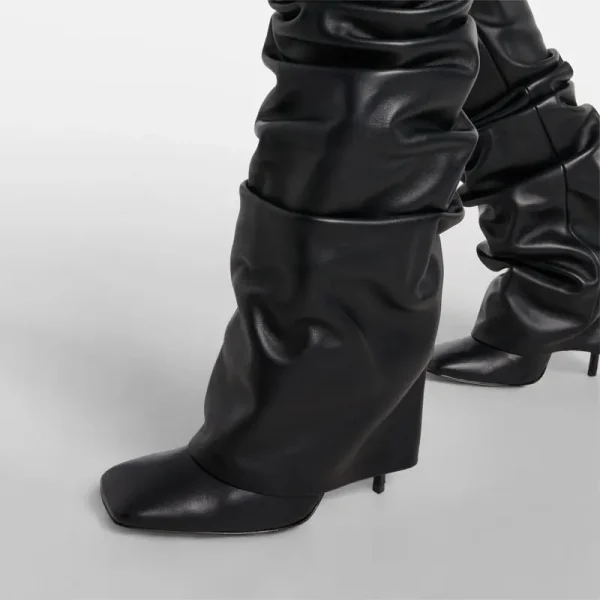 Women's Knee Length Pleated Skirt Boots, Square Toe Slim High Heels, Autumn and Winter Oversized Boots - Image 8