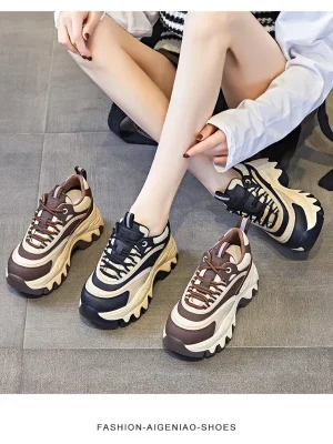 Fashion Height Increasing Thick Bottom Spring Platform Leather Woman Chunky Sneakers