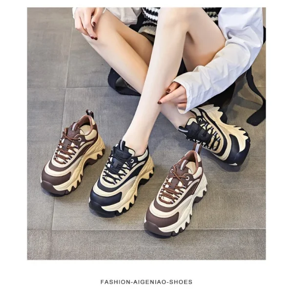 Fashion Height Increasing Thick Bottom Spring Platform Leather Woman Chunky Sneakers