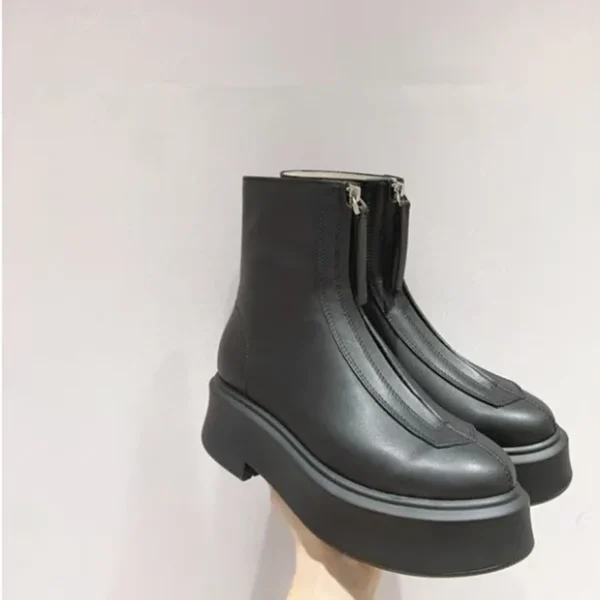 Women's Bottom Short Boots Punk Style Front Zipper Leather Motorcycle Fashion Round Head Large Ankle Boots - Image 11