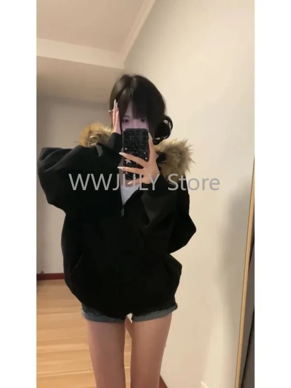 Women Black Zip Up Hoodies Vintage Korean Preppy Style Faux Fur Coat - Image 3