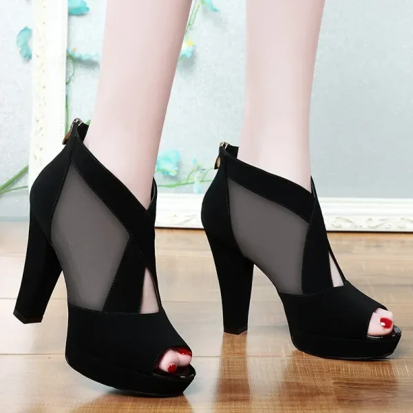 Women High Heel Shoes Mesh Breathable Pumps Zip Pointed Toe Thick Heels Fashion Female Dress Shoes - Image 6