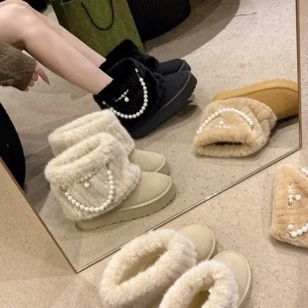 Winter Pearl Chain Decore Warm Snow Boots for Women Fluffy Plush - Image 3