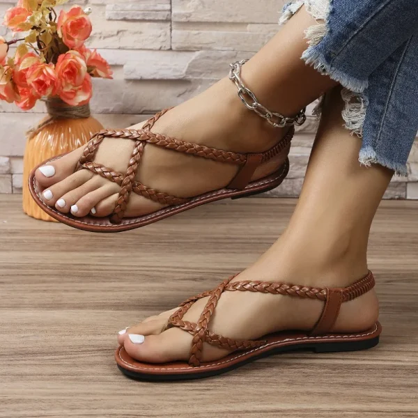 Flat Sandals, New Summer 2025 Solid Color Woven Herculean Flip-toe Sandals - Image 2