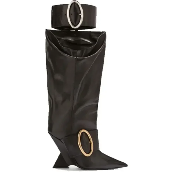 Women's Belt Buckle Knee Length Women's Boots Fashion Pointed Shaped High Heel - Image 2