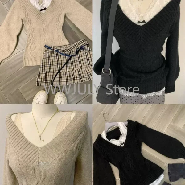 Women 2000s Aesthetic Gyaru Chic Korean Y2k Two Piece Sets Jumper Sweater - Image 5