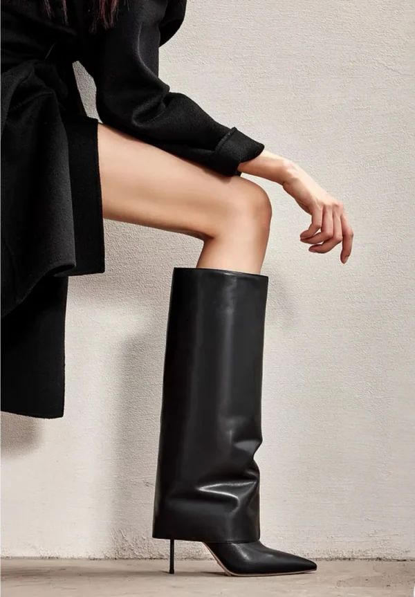 Women's Fashionable Knee High Leather Boots, Pointed Slim High-heeled Skirt Boots - Image 10