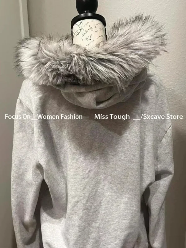 Zippers Hoodies Women Coat Casual Gray Femme Korean Fur - Image 2