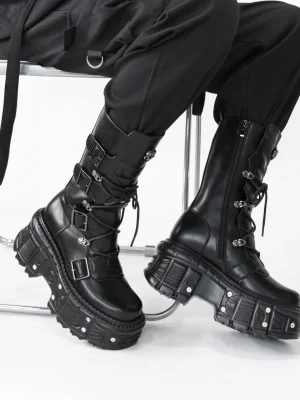 Women Shoes Lace-up Platform Shoes Woman Rock Boots Metal Decor