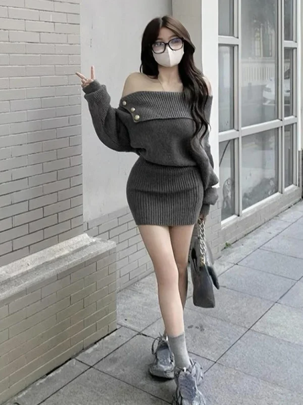 Slim Bodycon Knitted Dress Woman Korea Fashion  Mini Dress Short - Image 6