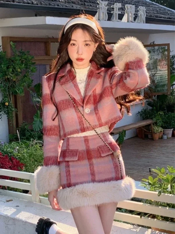 Plaid Knitted Suit Woman Korean 2 Piece Dress Set 2025 Winter Vintage - Image 4