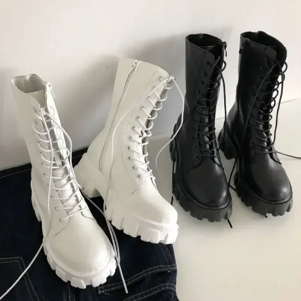 Calf Boots Women Autumn Winter Fashion Lace-up Ladies Chelsea Zipper Boots