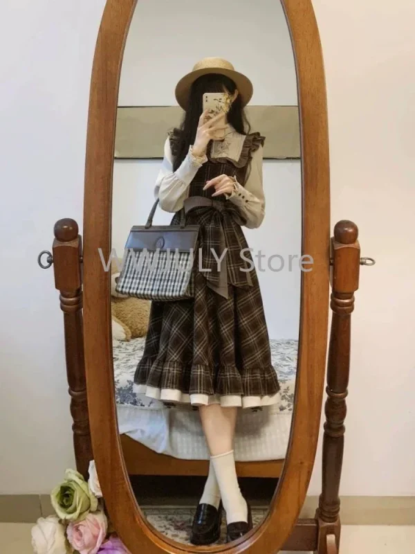 Autumn Winter Fake Two Piece Spliced Long Sleeve Plaid Dress - Image 3