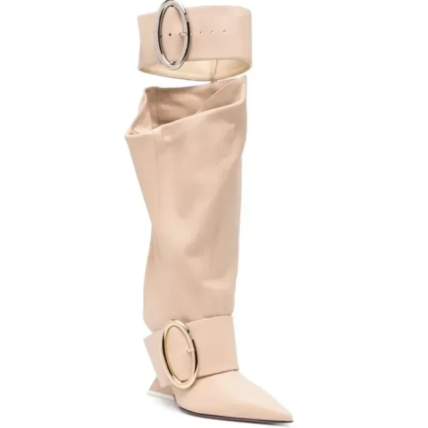 Women's Belt Buckle Knee Length Women's Boots Fashion Pointed Shaped High Heel - Image 5