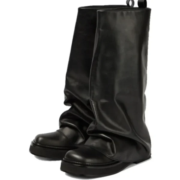 Women's Leather Thick Soled Flat Bottomed Knee High Boots, Square Toe Mid Length Boots