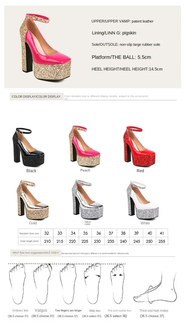 Women's Spring and Summer Thick Soles High-heeled Shoes Fashion Sequin Square - Image 9