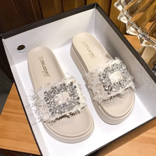 Women Brand design crystal double flip flops female platform slides sandals - Image 2