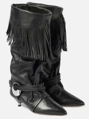 Heel Fringed Calf Boots with Pointed Pleats, Women’s Knight Boots, Mid Leg Boots