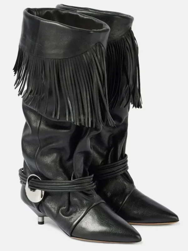 Heel Fringed Calf Boots with Pointed Pleats, Women's Knight Boots, Mid Leg Boots