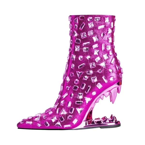 Women's New Teeth High Heel Short Boots Fashion Shiny Colorful Diamond Pointed - Image 4