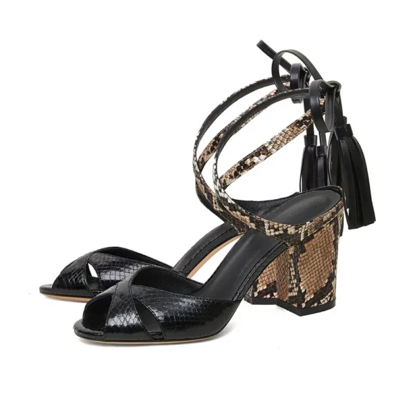 High Heel Fish Mouth Lace Snake Round Head Sandals Fashion Show Size 46 Women's Sandals - Image 3