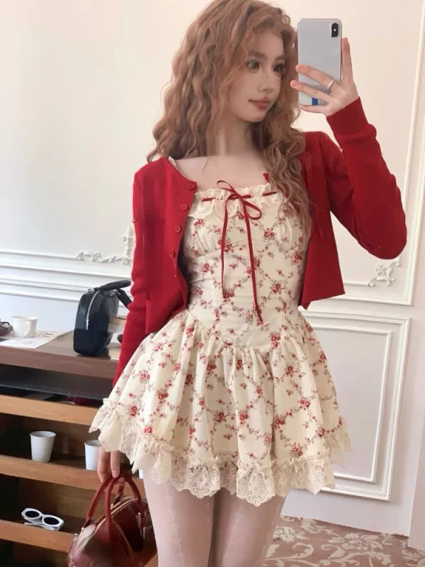 Sweet Floral Dress Set Woman Casual Red Short Cardigan Elegant Lace - Image 2