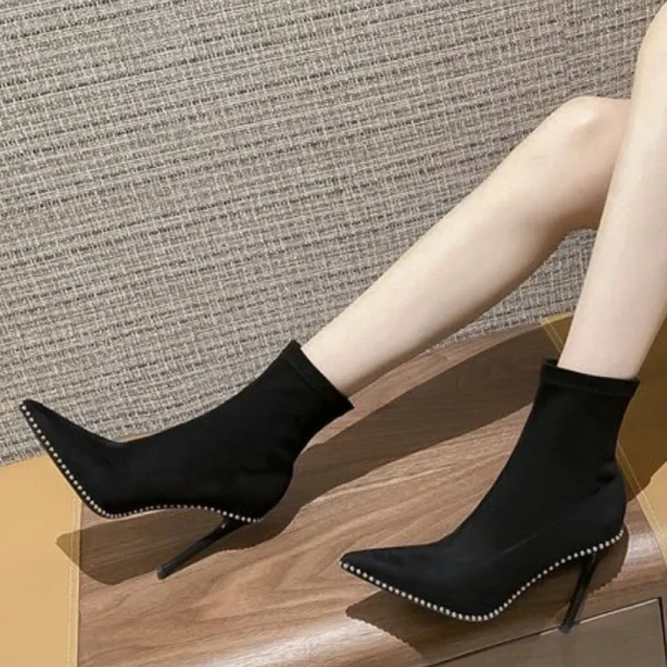 High Heels New Satin Pointed Toe Short Boots Women Thin Heel Stretch Sock Boots Female Shoes - Image 3