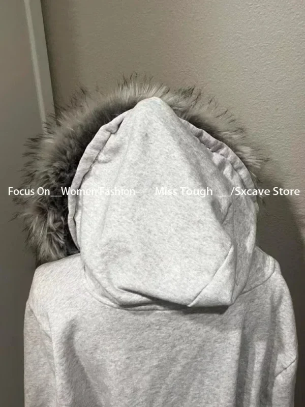 Zippers Hoodies Women Coat Casual Gray Femme Korean Fur - Image 3