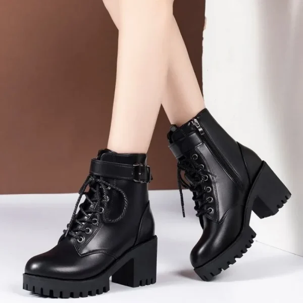 Women Winter Leather Women Winter Boots Thick Wool Warm High-heeled