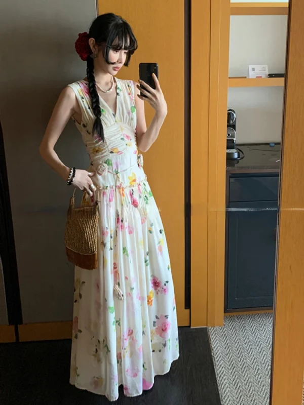 Woman Holiday Dress Elegant Floral Midi Dress Beach Style Sexy Sleeveless Dresses - Image 3