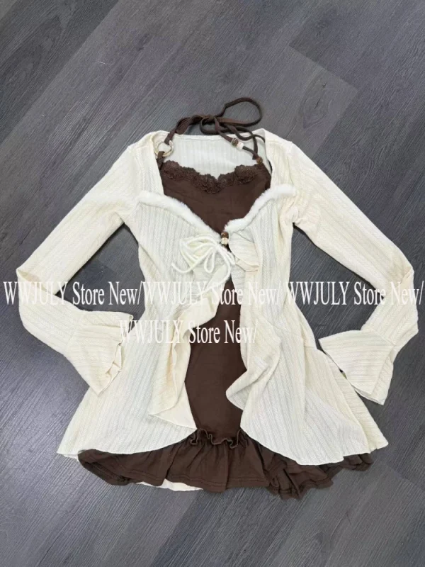 Women Ruffles Long Sleeve Knitted Cardigan - Image 3