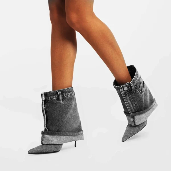 Winter Denim Fine High Heel Skirt Boots Fashion Pointed Large Women's Four Seasons Short Boots - Image 6