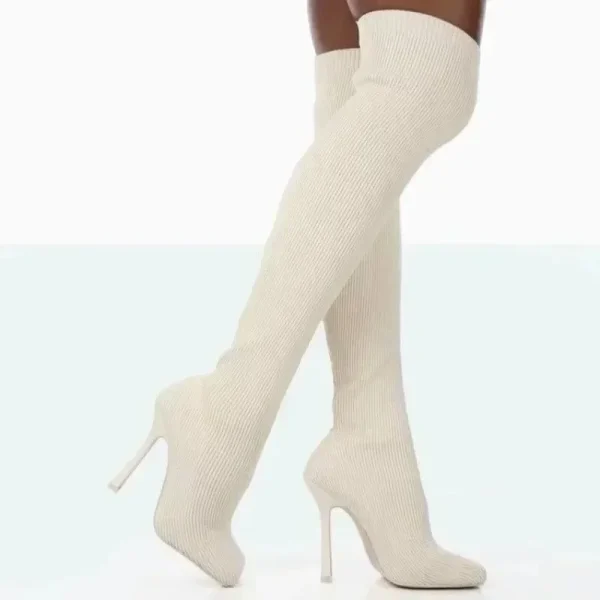 Women Winter Over The Knee Boots Stretch Fabrics High Heel Slip on Shoes - Image 5