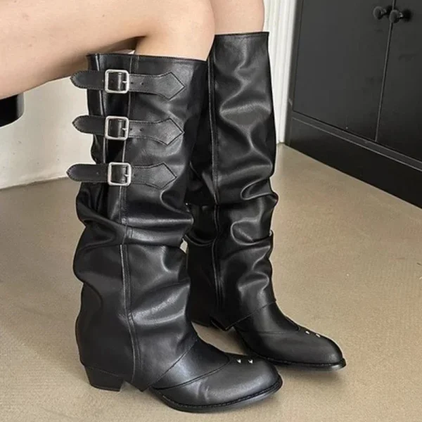 Motorcycles Western Boots for Women Black Rivets Knee High Boot Shoes - Image 3