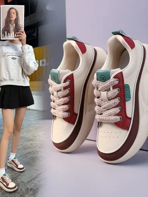 Women’s Versatile Casual Sports Shoes Thick Bottom White Shoes Lightweight Bean