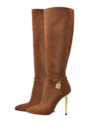 Women’s New Pointy Brown Stiletto Boots Metal Ultra-high Heel Side Zipper Knee High Boots