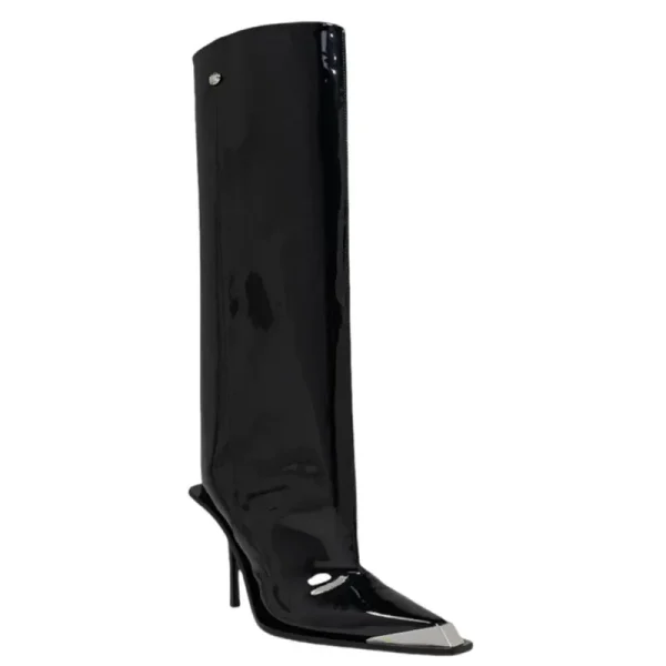 Metal Pointed Patent Leather Knee High Boots, Slim High Heels, Wide Tube Women's Oversized Boots - Image 2