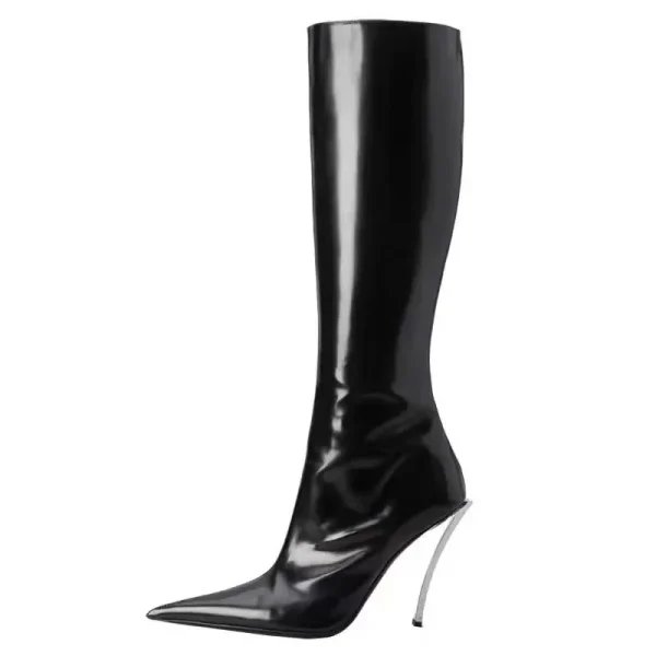 Metal Slim High Heel Long Boots Women's Pointed Head Side Zipper Slim Knee Length Boots - Image 2