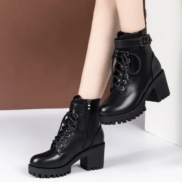 Women Winter Leather Women Winter Boots Thick Wool Warm High-heeled - Image 5