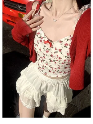 Summer Korean Fashion Suit Woman Floral Vest Red Cardigan