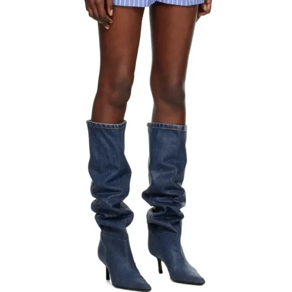 Denim Boots with Sequin Pleated Heels Stacked Long Boots, Thin Heels, Slim Fashion, Large Women's Boots - Image 2