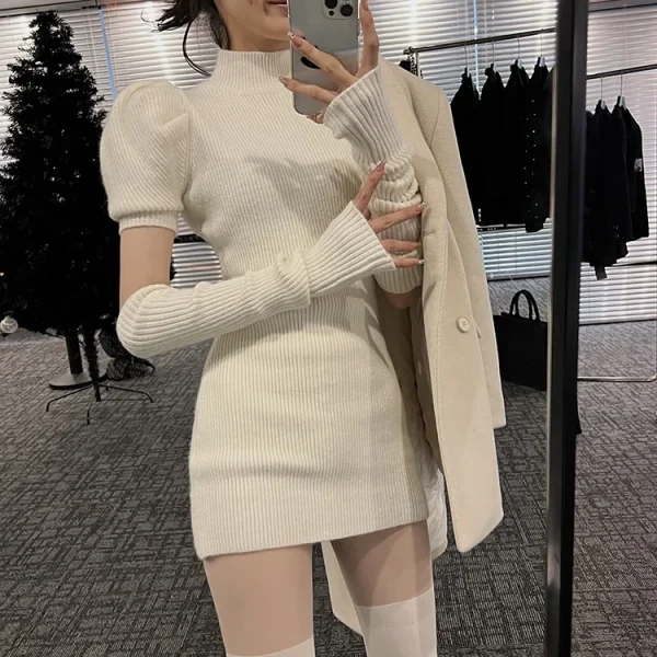 Knitted Bodycon Dress Sexy Puff Sleeve Sweater Mini Dress Women - Image 12