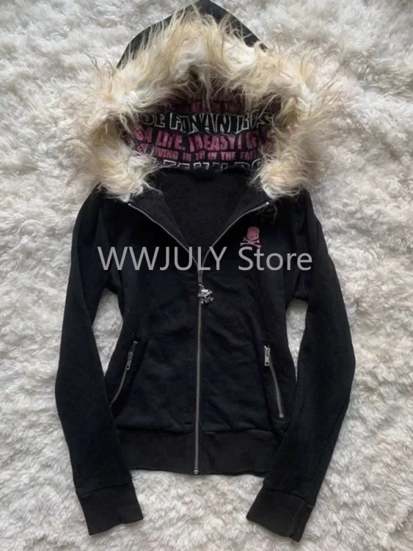 Black Goth Hoodie Women's Clothes Letter Embroidery Zipper - Image 2