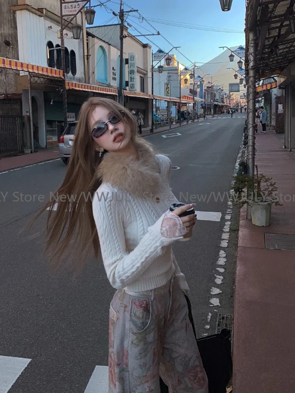 Knitted Sweater with Scarf Spicy Girls Causal Korean Fashion Slim Pullover Design - Image 4