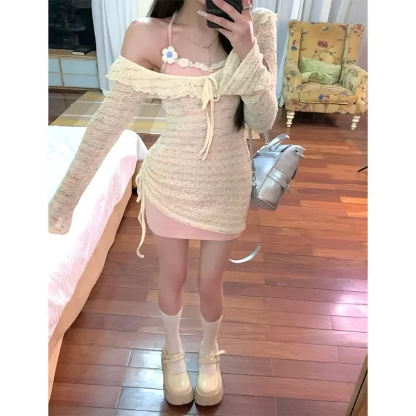 Summer Elegant Y2k Dress Set Women Korean Fashion Lace Sweet Dress