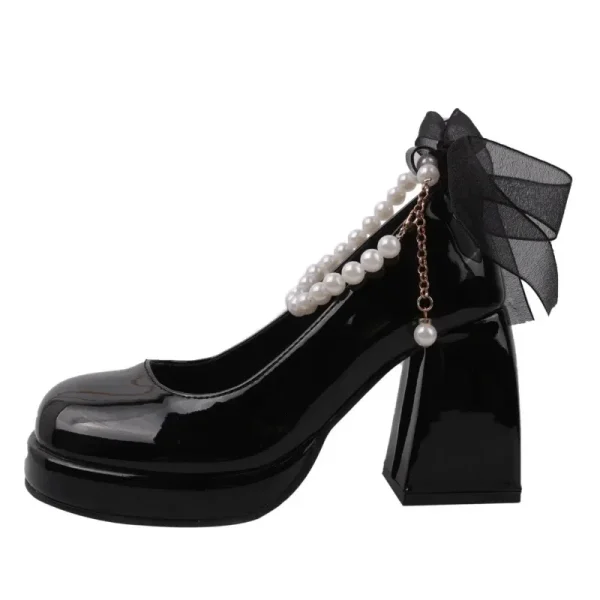 Women's Spring and Autumn New Vintage Pearl Bow Mary Jane Shoes - Image 5