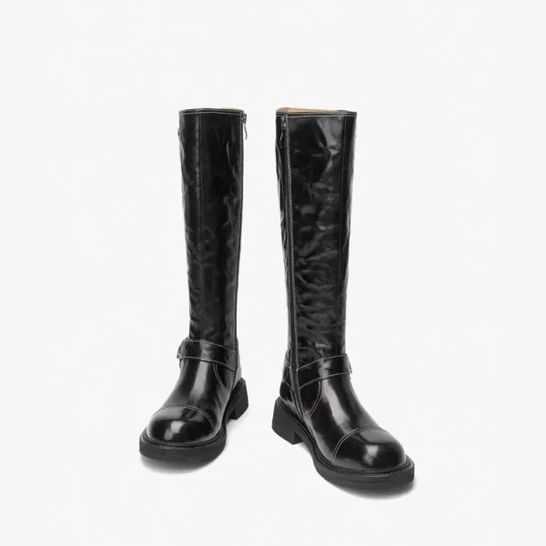 American Women's Pleated Thick Heel Knee High Women's Boots, Knight Boots, Round Toe - Image 4