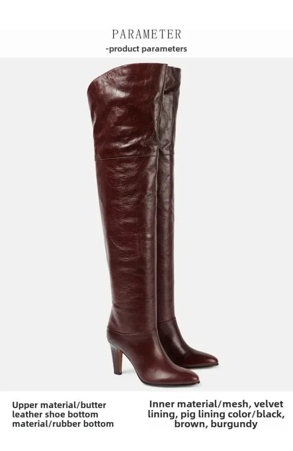 Women's Leather Thick High Heels Knee High Boots Autumn and Winter Round Toe Thigh Boots - Image 6