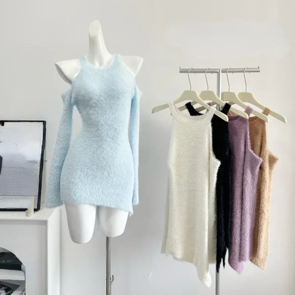 Pure Color Knitted Y2k Mini Dress Women Casual Sexy Slim Bodycon Dress Short