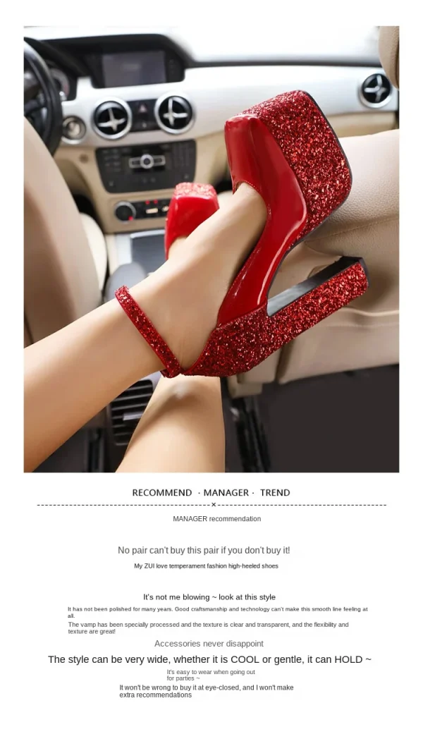 Women's Spring and Summer Thick Soles High-heeled Shoes Fashion Sequin Square - Image 8